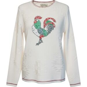 Cabela's Rooster Patchwork Sweater Womens L Cream Blanket Stitch Cotton Knit